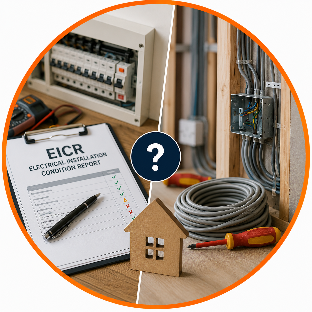 EICR vs House Rewire Manchester assessment showing an electrical condition report and house rewiring options
