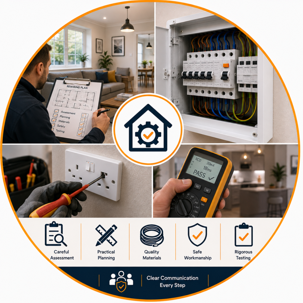 Electrician assessing an existing house wiring installation for rewiring.