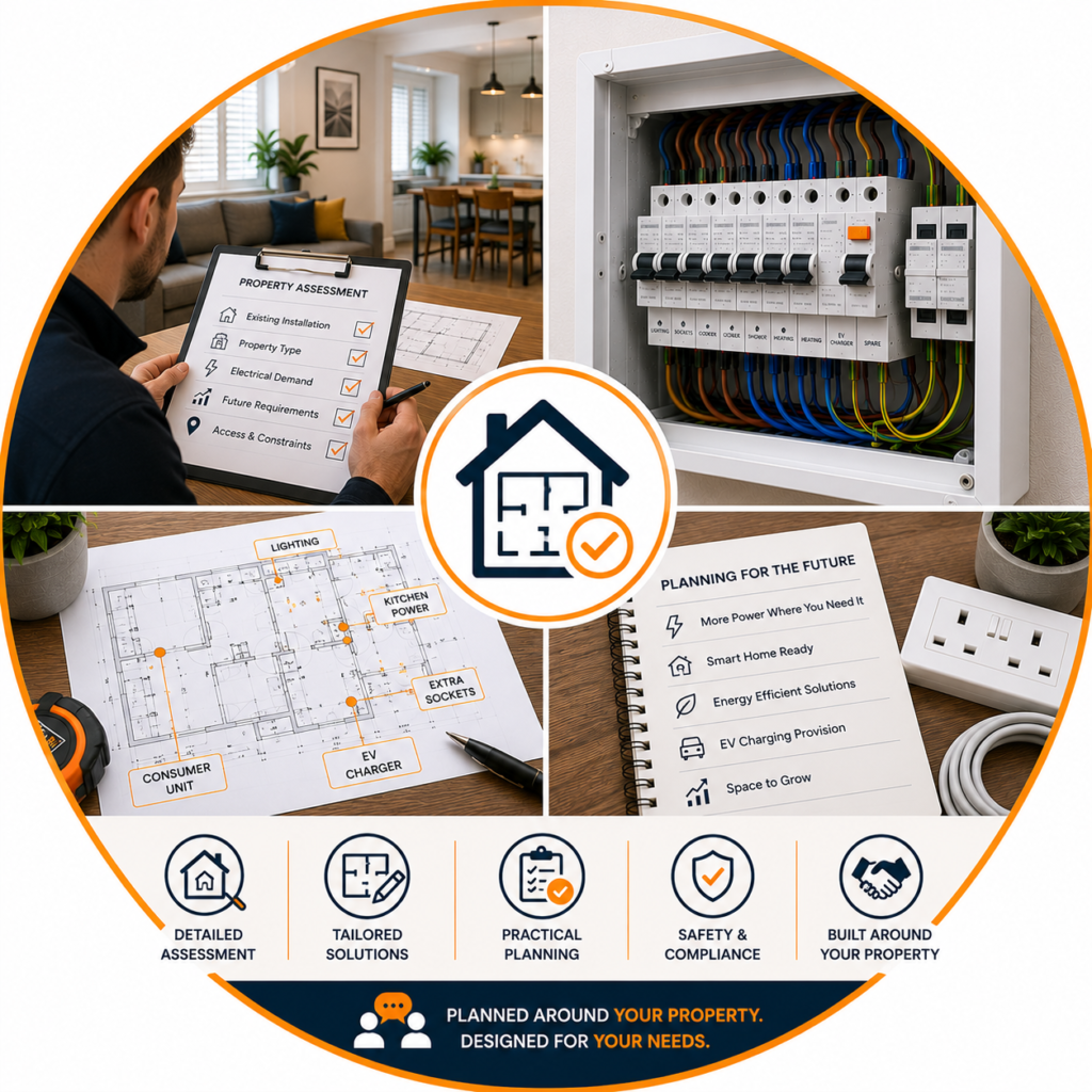 House rewiring plan showing property layout and electrical requirements.