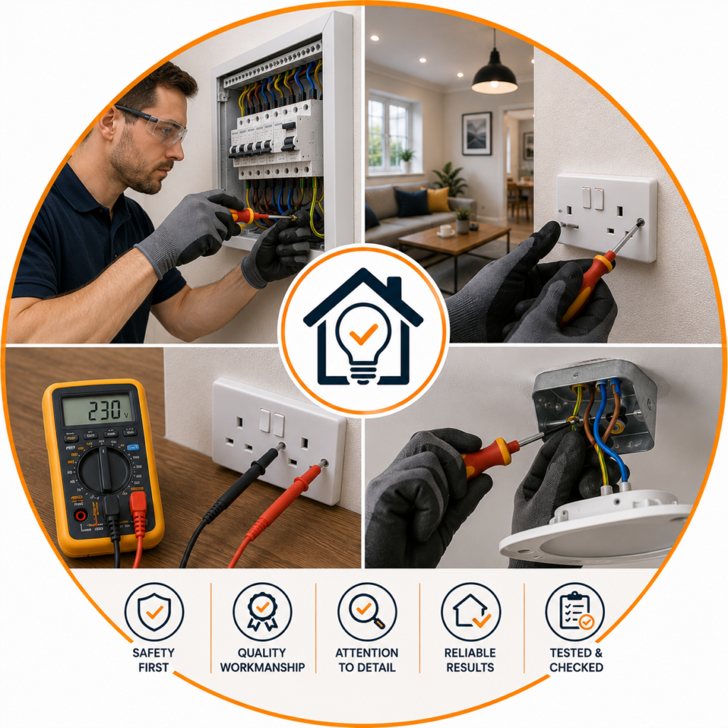 Electrician carrying out electrical testing and rewiring work on a house installation.