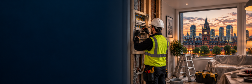 Electrician carrying out house rewiring work in a Manchester home with the Manchester skyline visible through the window